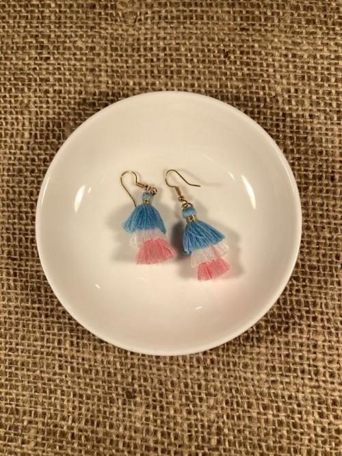 Blue, White, Pink Tassel Earrings